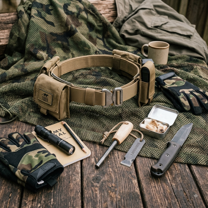 Army Shop Schweiz Ausrüstung: Tactical Battle Belt mit MOLLE-Taschen, Feuerstahl, Outdoor-Messer und Handschuhe auf Tarnnetz