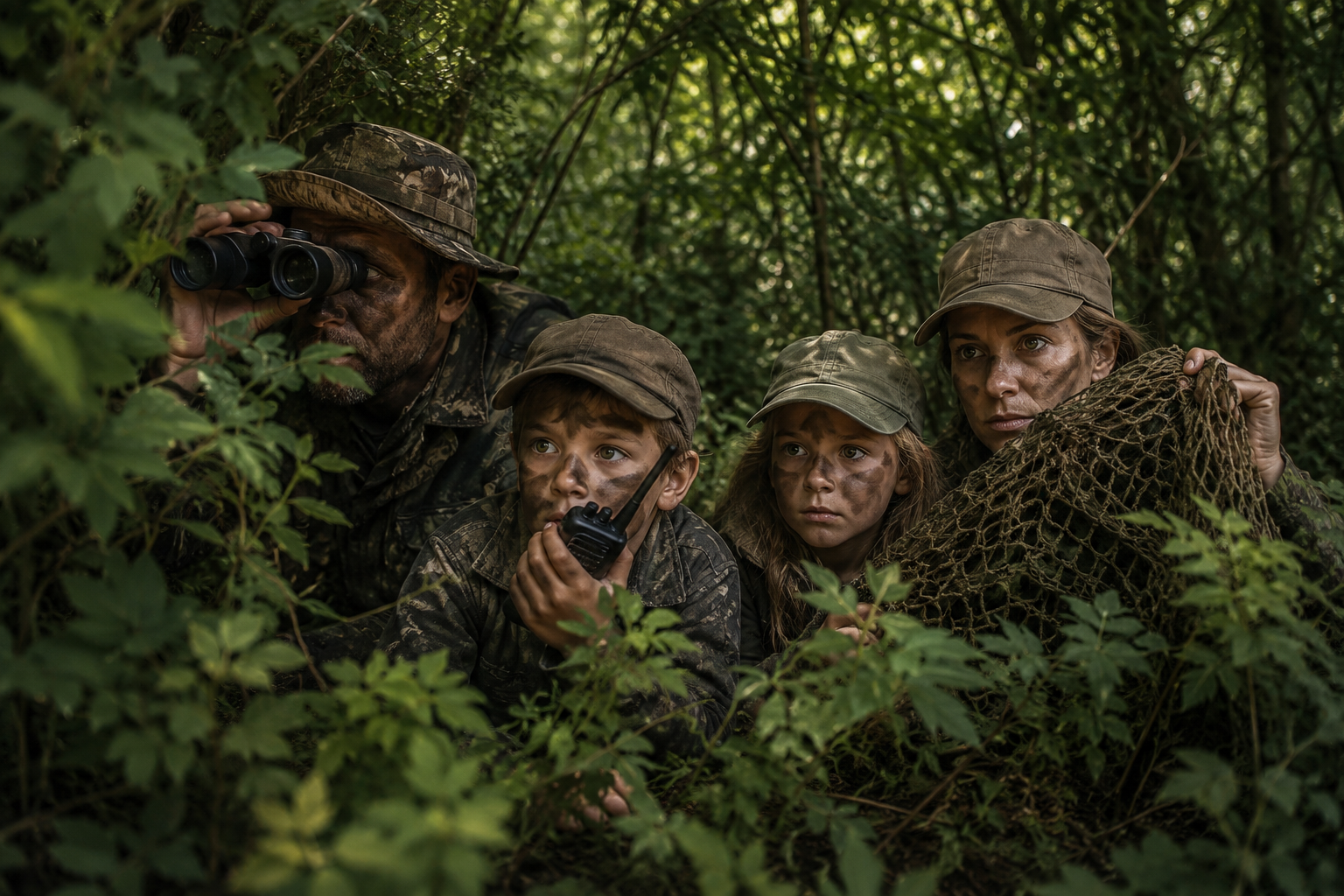 Familie im Tarnlook unter Tarnnetz im Wald – Army Shop Schweiz von ArmyDropz