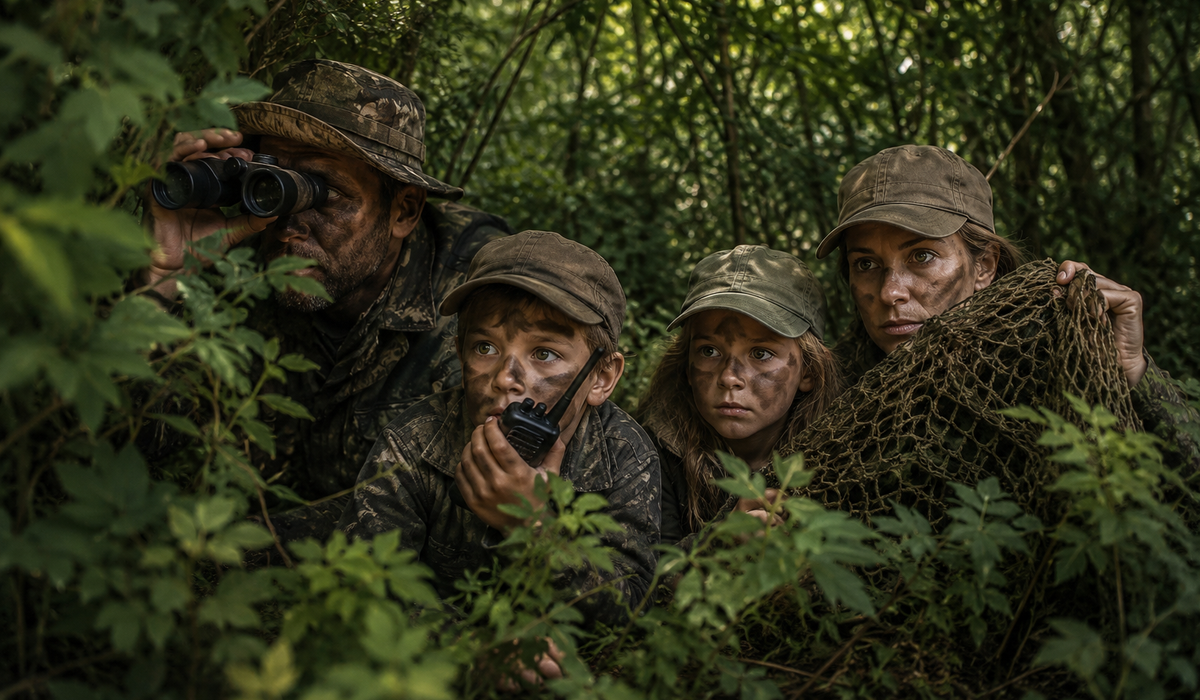 Familie im Tarnlook unter Tarnnetz im Wald – Army Shop Schweiz von ArmyDropz