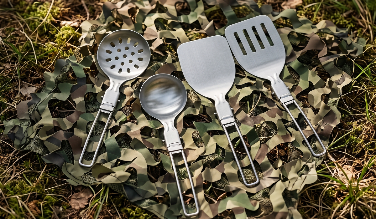 Faltbares Camping Kochbesteck Set auf Tarnnetzlein im Wald im quadratischen Format