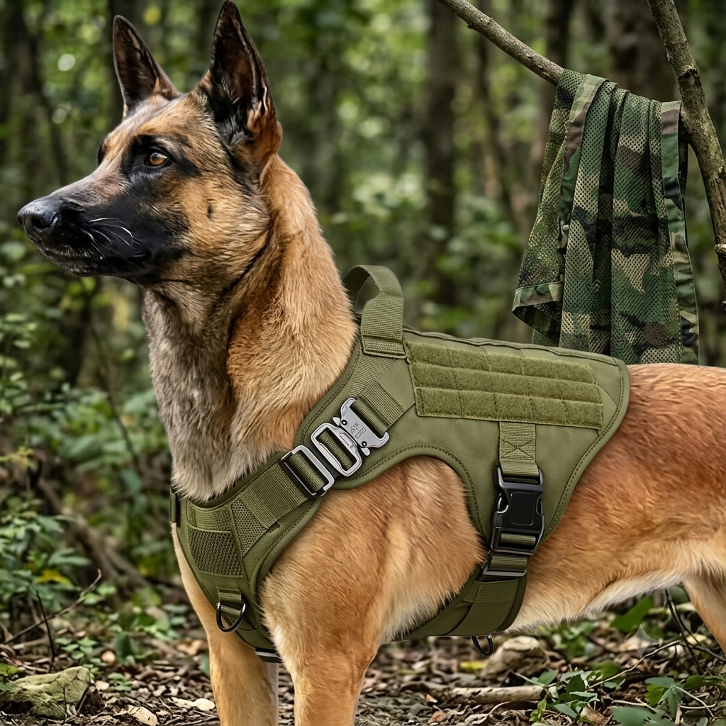 Taktisches Hundegeschirr K9 in Armeegruen am Hund – ArmyDropz Outdoor Shop Schweiz