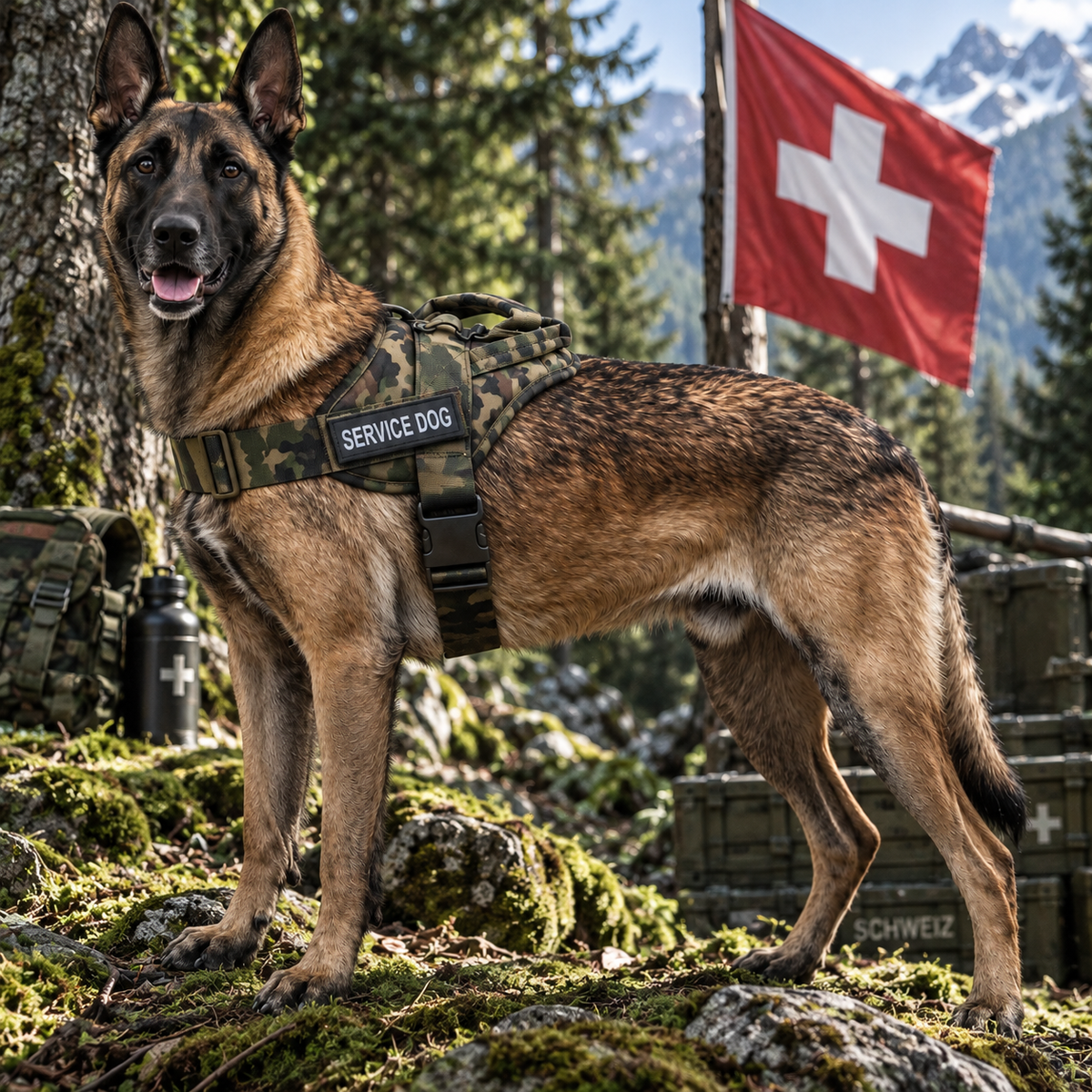 Malinois mit K9 Geschirr in den Schweizer Bergen vor Schweizer Fahne – ArmyDropz