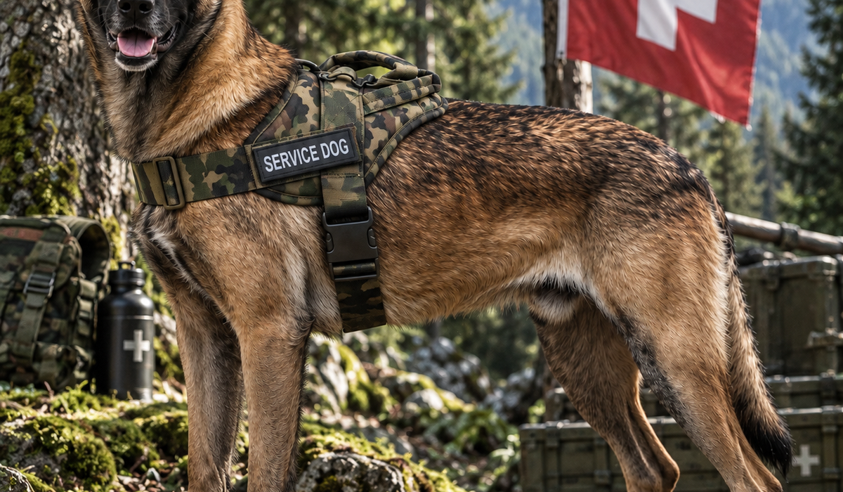 Malinois mit K9 Geschirr in den Schweizer Bergen vor Schweizer Fahne – ArmyDropz