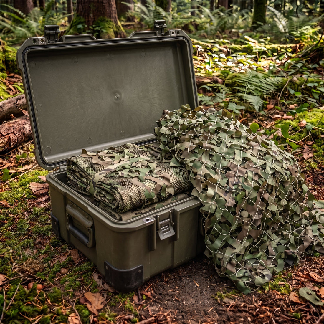 Tarnnetz Camouflage und dichtes Stoffnetz gefaltet in robuster Outdoor Aufbewahrungsbox im Wald
