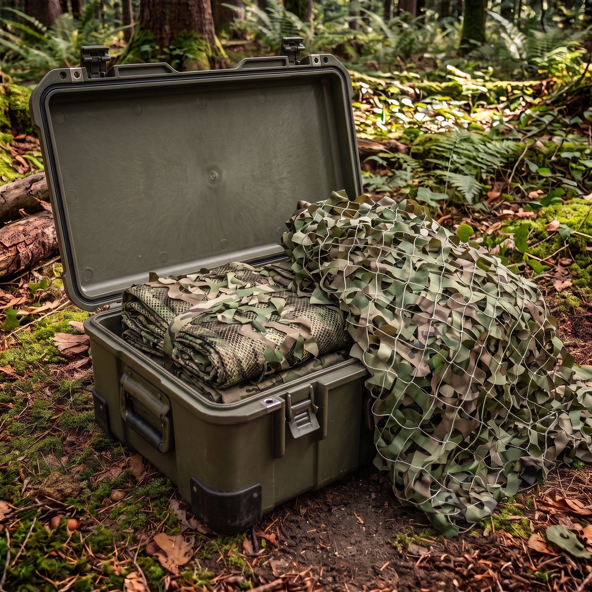 Tarnnetz Camouflage und dichtes Stoffnetz gefaltet in robuster Outdoor Aufbewahrungsbox im Wald