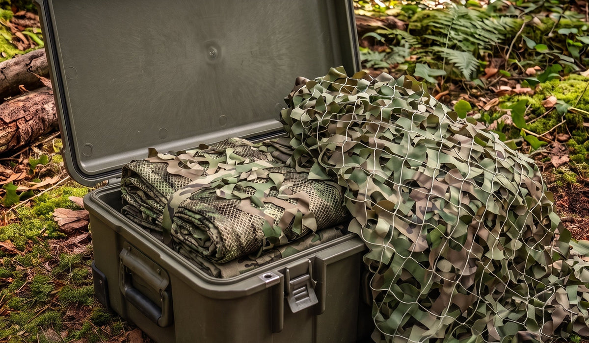 Tarnnetz Camouflage und dichtes Stoffnetz gefaltet in robuster Outdoor Aufbewahrungsbox im Wald