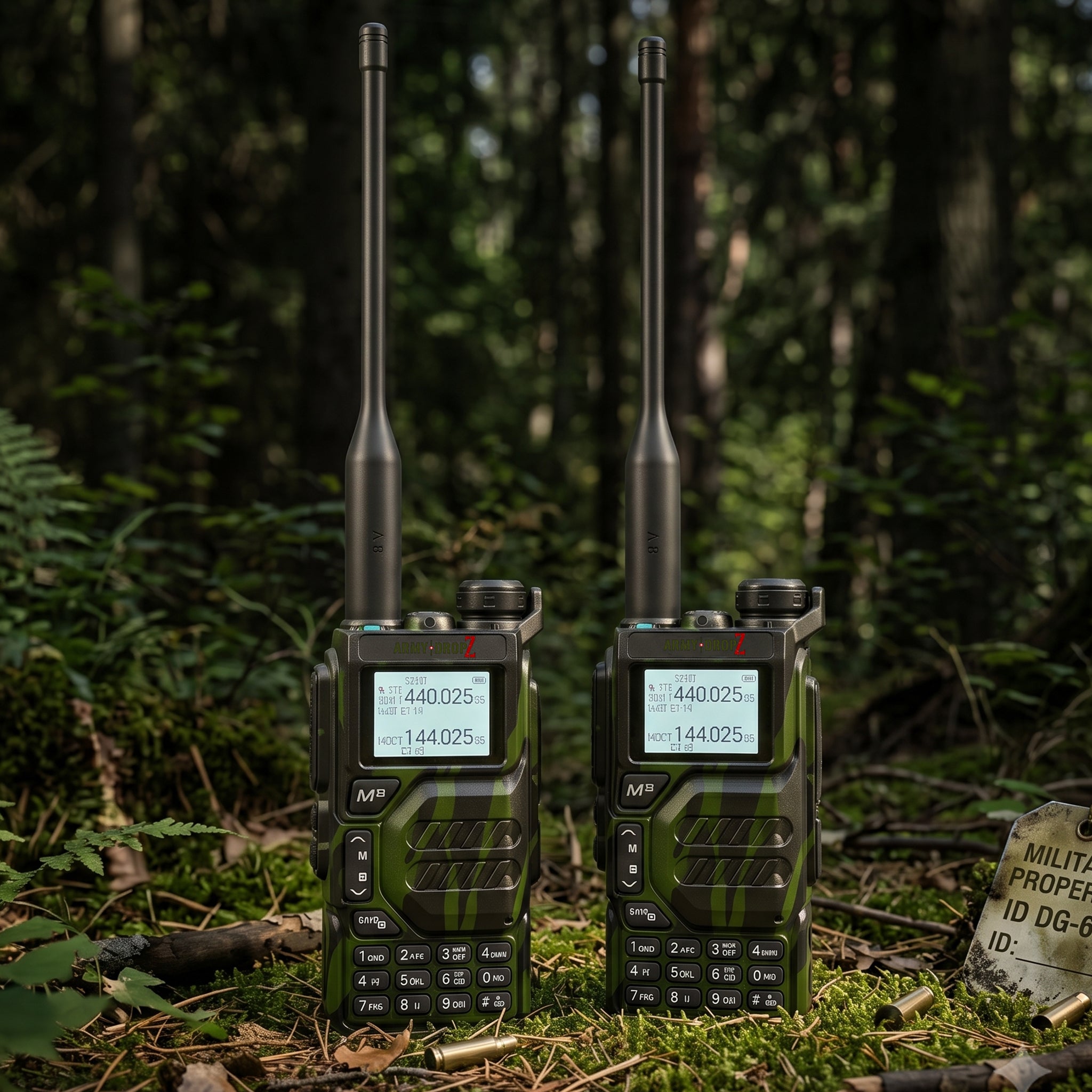 Zwei Militär-Funkgeräte mit Tarnmuster und langer Antenne stehen auf moosigem Waldboden neben einem offenen, robusten Ausrüstungskoffer mit Ladestation. Professionelles Equipment für Outdoor, Survival und taktische Kommunikation.
