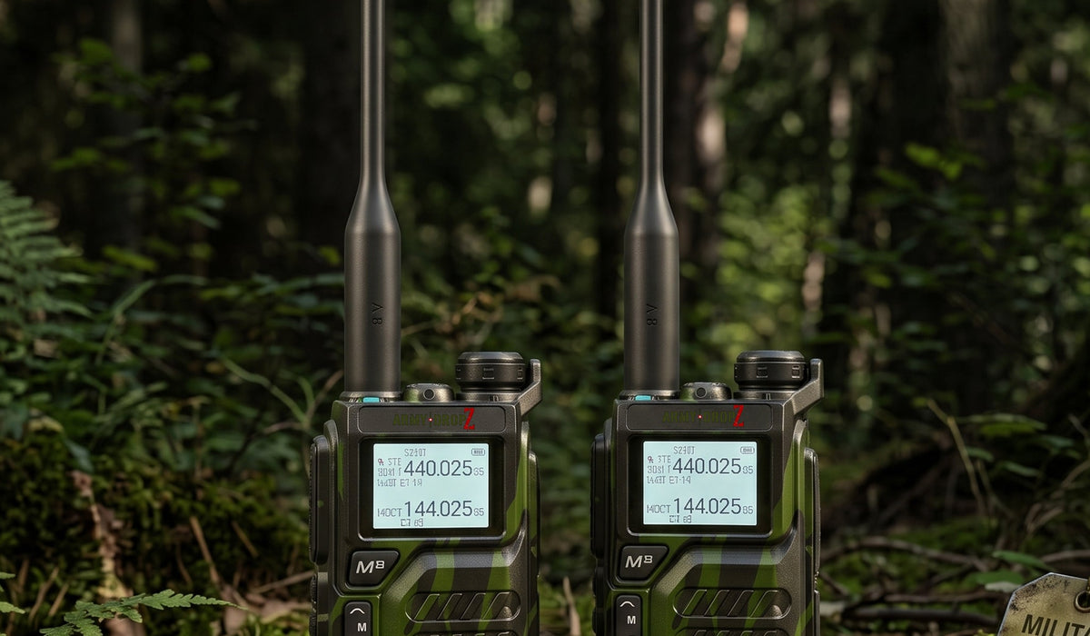 Zwei Militär-Funkgeräte mit Tarnmuster und langer Antenne stehen auf moosigem Waldboden neben einem offenen, robusten Ausrüstungskoffer mit Ladestation. Professionelles Equipment für Outdoor, Survival und taktische Kommunikation.