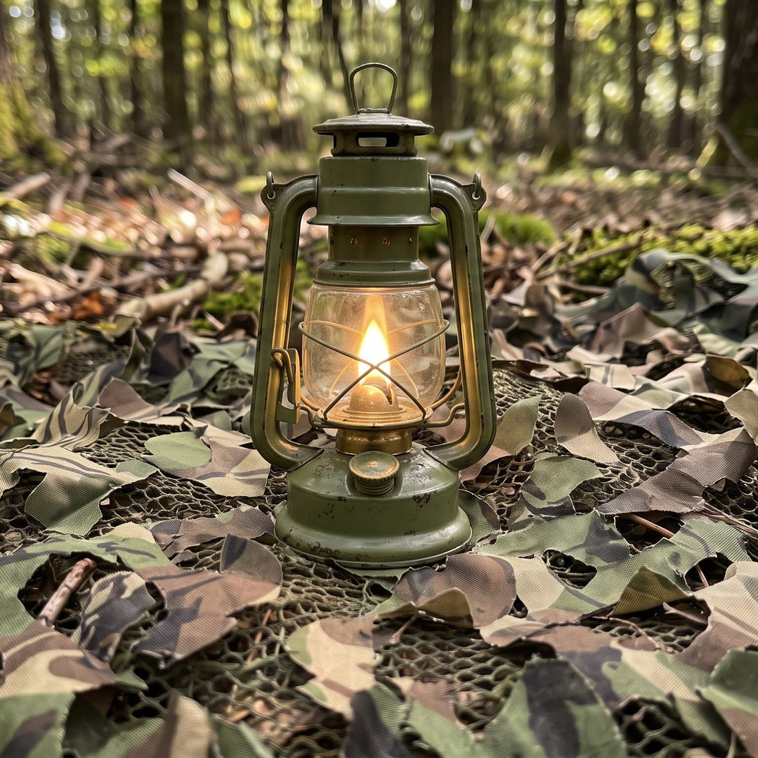 Brennende Vintage Petrollampe in Olivgrün auf Camouflage-Tarnnetz im Wald beim Outdoor-Camp von ArmyDropz Schweiz
