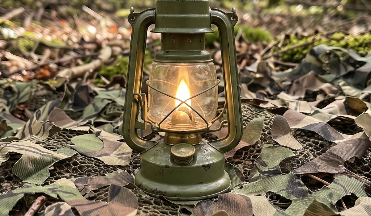 Brennende Vintage Petrollampe in Olivgrün auf Camouflage-Tarnnetz im Wald beim Outdoor-Camp von ArmyDropz Schweiz