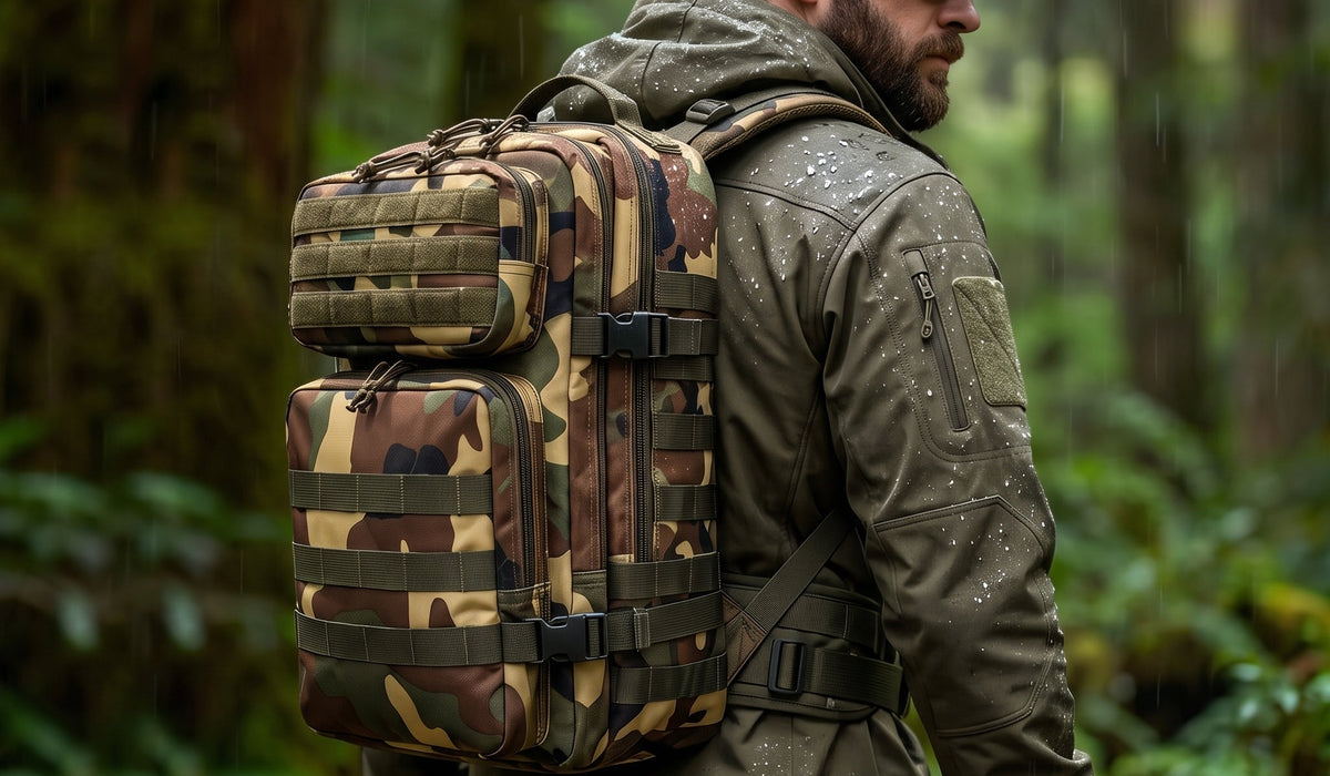 Taktischer Rucksack in Camouflage und wetterfeste Outdoor-Funktionsjacke im Wald – Schweizer Army Shop Ausrüstung im Praxistest