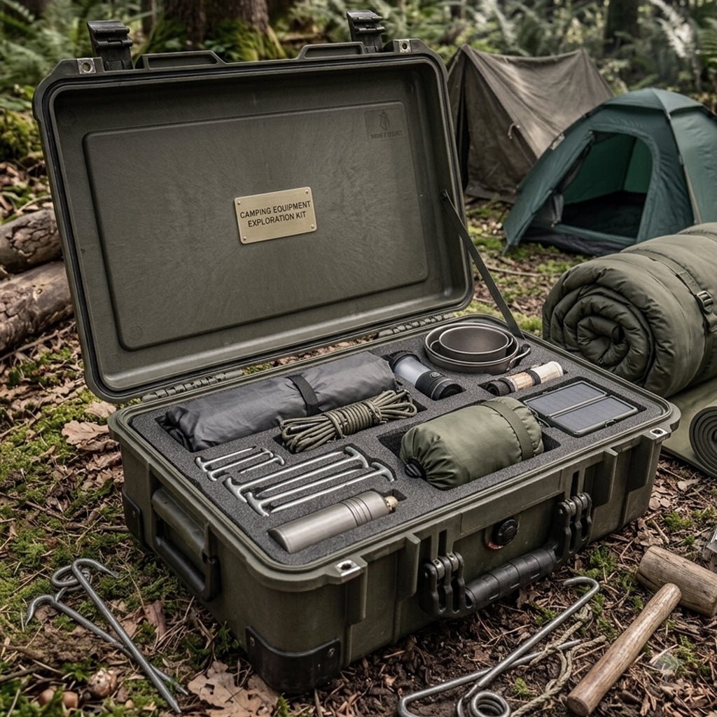 Army Koffer mit Camping-Ausrüstung Zelt und Schlafsack im Wald - Camping und Outdoor von Army Dropz Schweiz