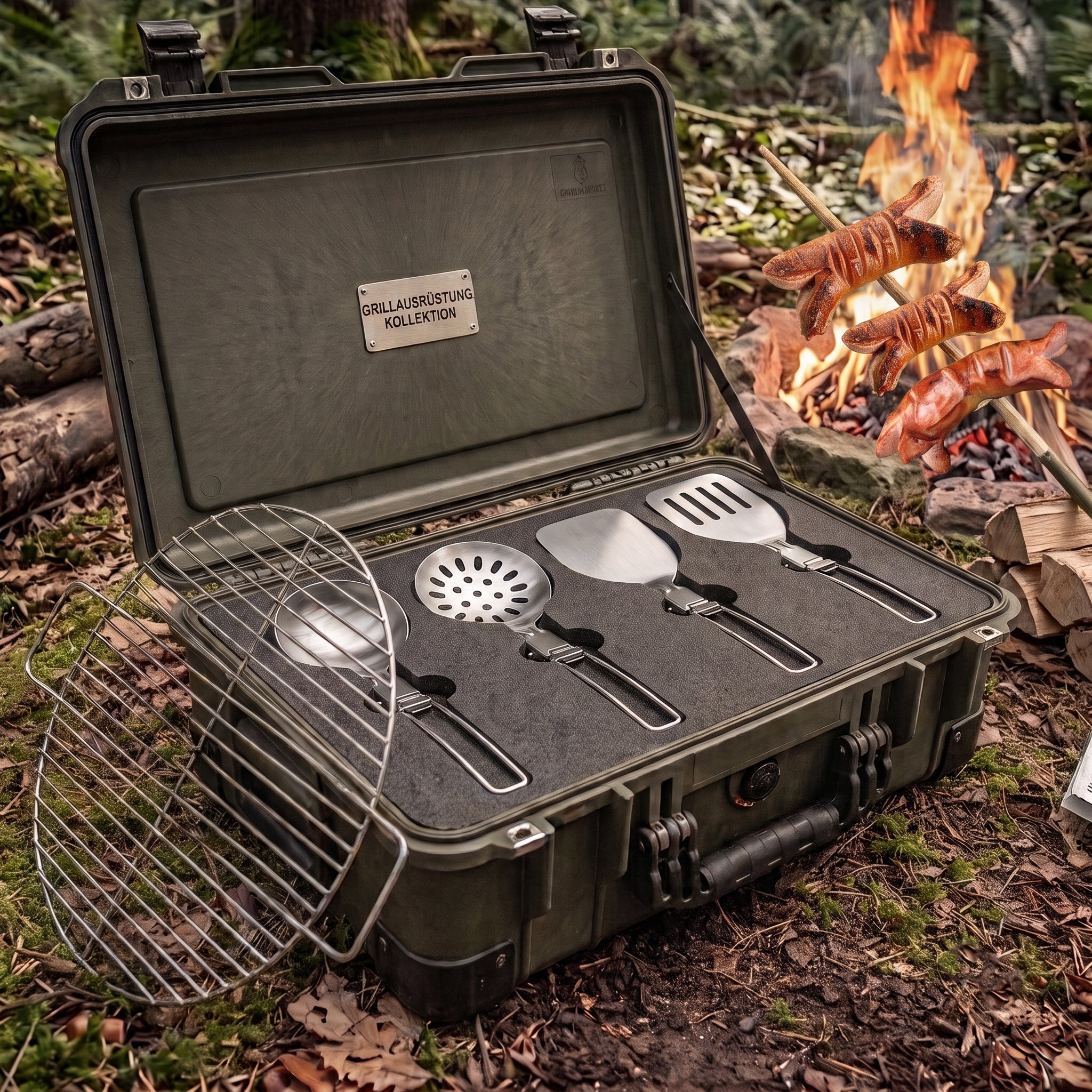Army Koffer mit Grillausrüstung am Lagerfeuer im Wald mit Cervelat - Feuer und Grill von Army Dropz Schweiz