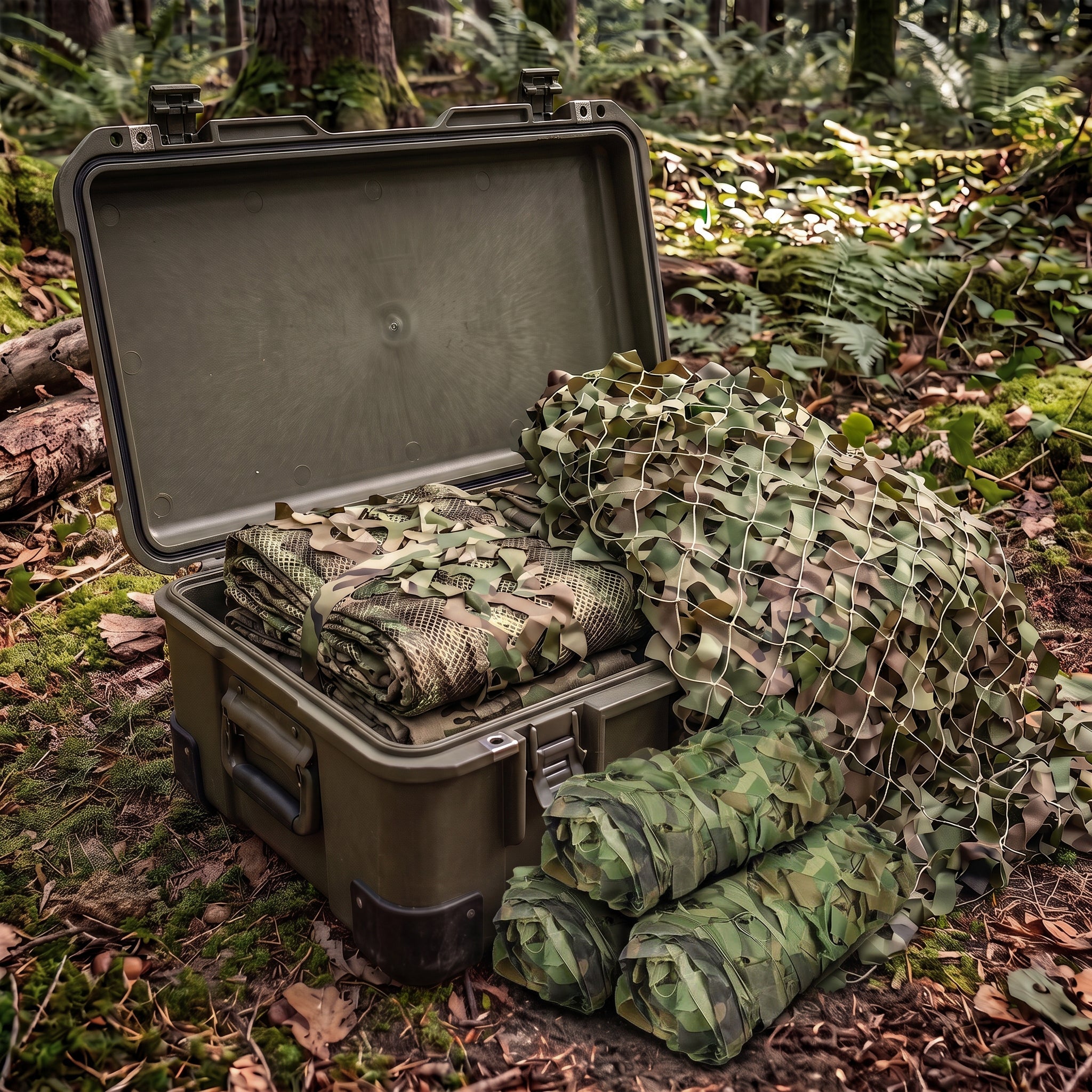 Robuste Camouflage Tarnnetze und militärischer Sichtschutz für Survival, Camping und Outdoor in taktischer Box von ArmyDropz Schweiz.