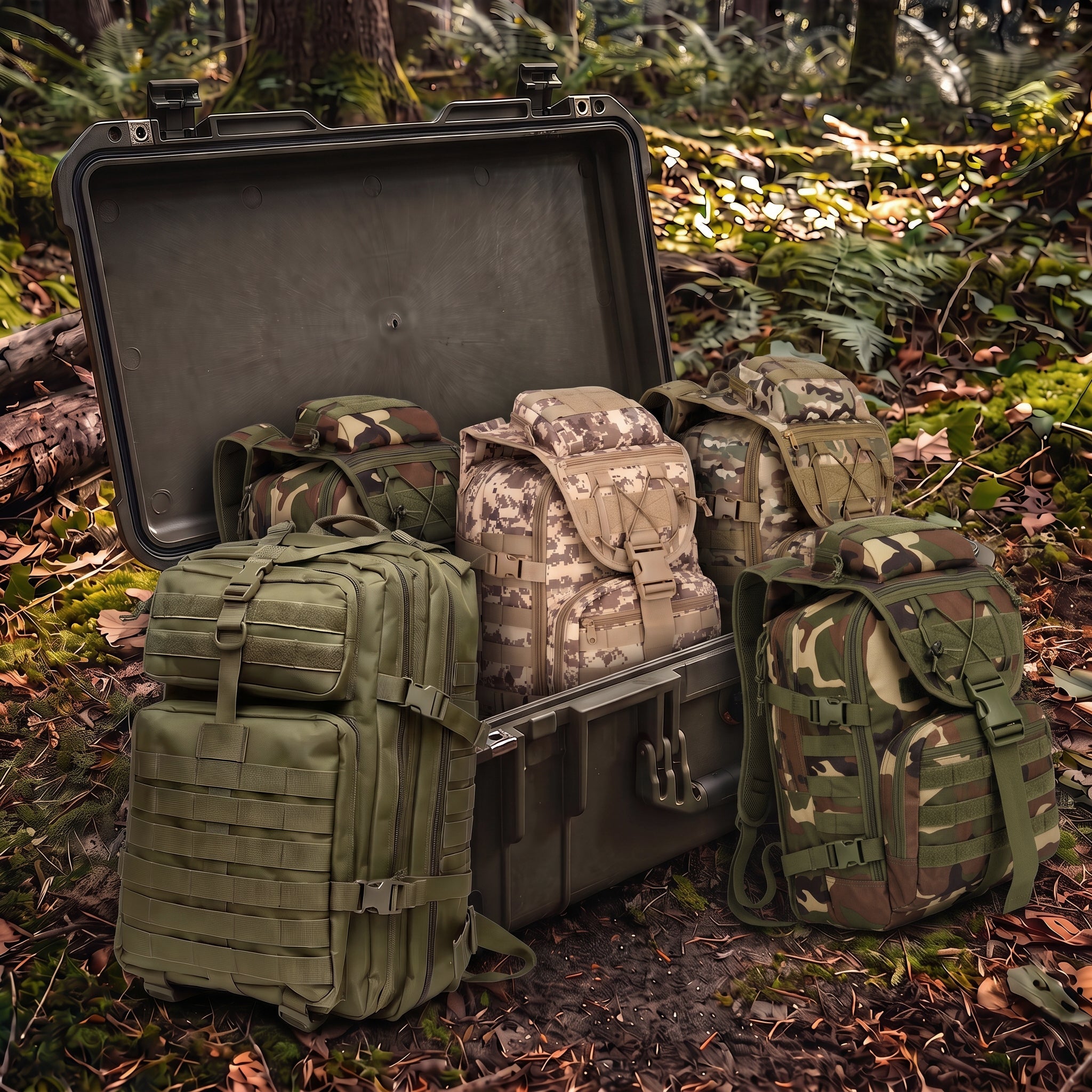 Army Rucksack mit MOLLE-System und Tasche in Army Kiste im Wald - Rucksaecke und Taschen von Army Dropz Schweiz