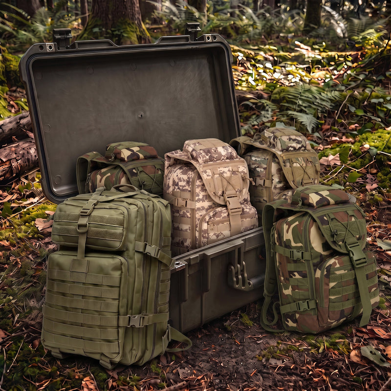 Army Rucksack mit MOLLE-System und Tasche in Army Kiste im Wald - Rucksaecke und Taschen von Army Dropz Schweiz
