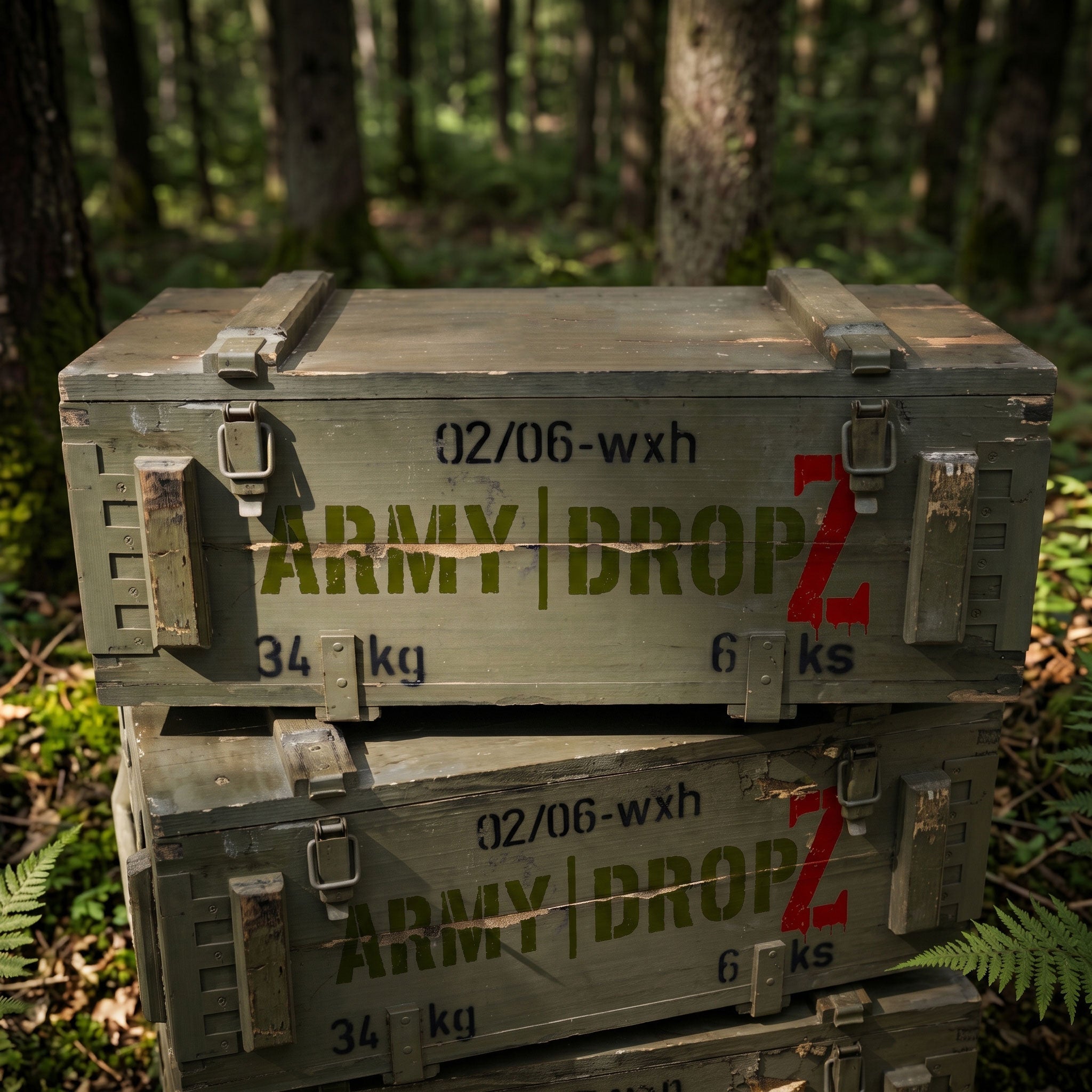 Army Shop Schweiz - Militaer Boxen im Army-Style gestapelt im Wald von Army Dropz