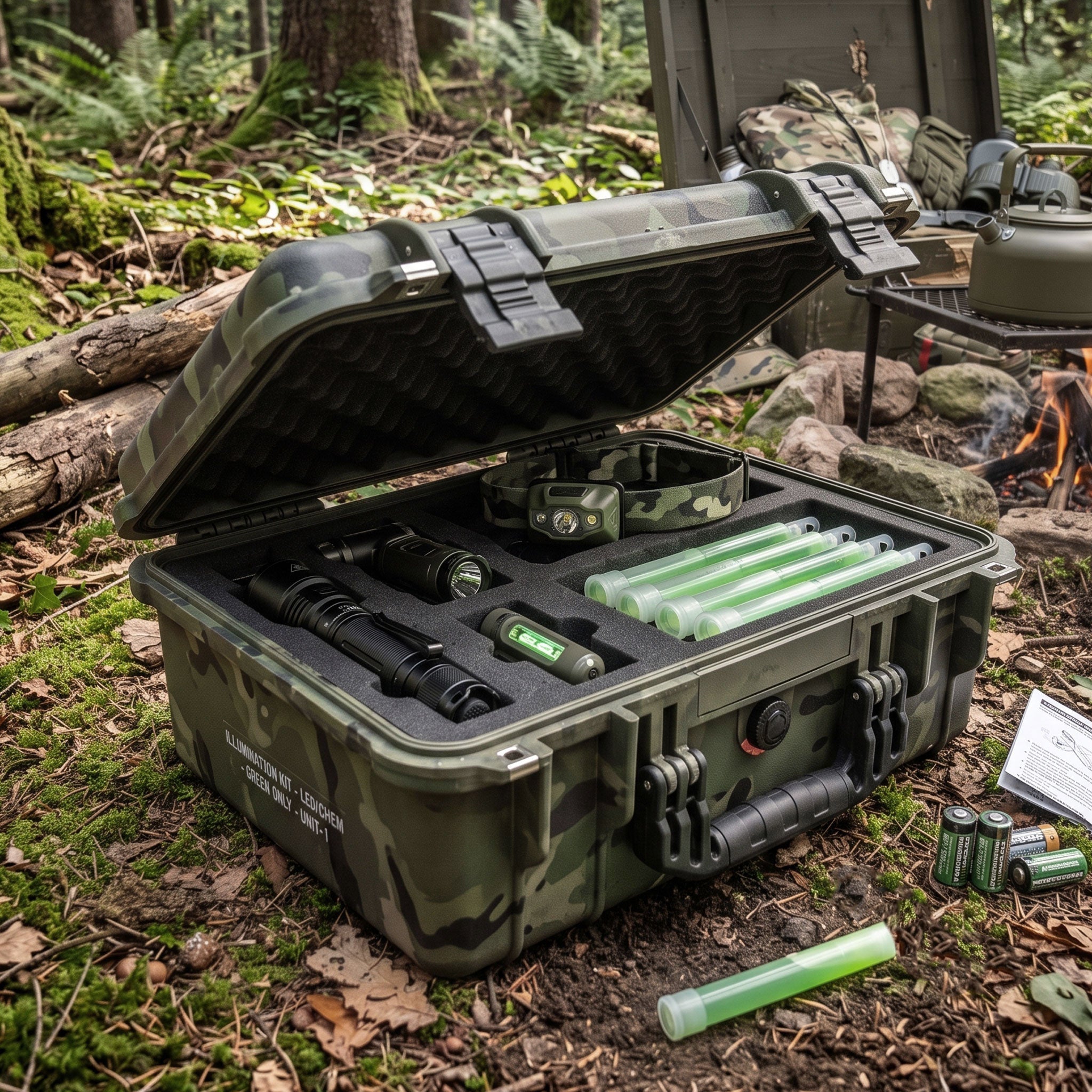 Army Koffer mit Taschenlampen Stirnlampe und Knicklichtern im Wald - Licht und Energie von Army Dropz Schweiz