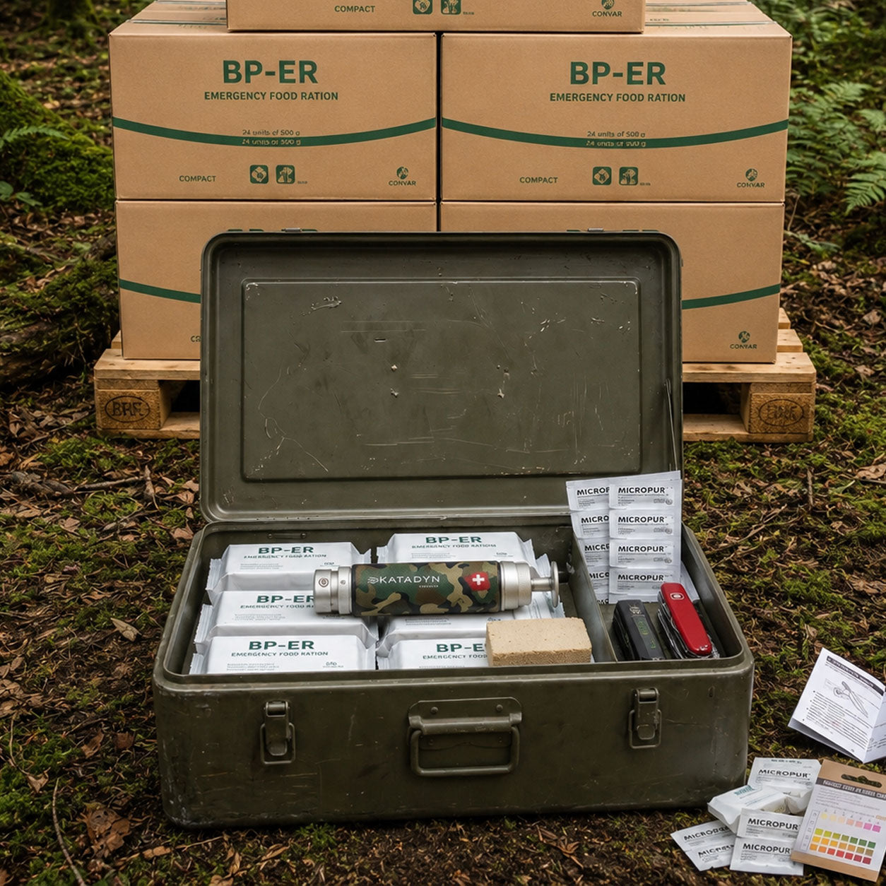 Army Kiste mit BP-ER Notration Wasserfilter und Micropur im Wald - Nahrung und Wasser von Army Dropz Schweiz