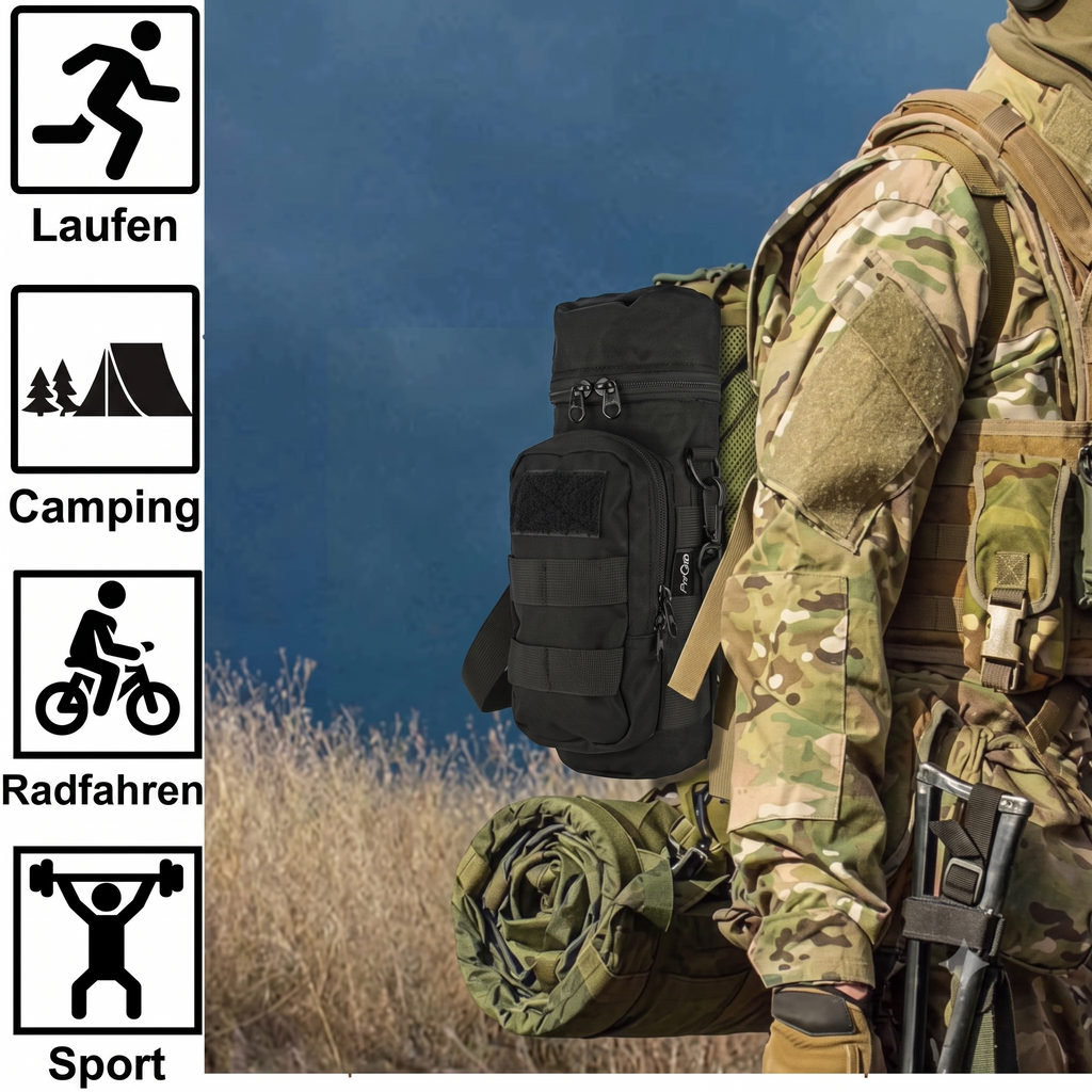 Flaschenhalter Tactical Army am Rucksack im Outdoor-Einsatz – ArmyDropz Army Shop Schweiz