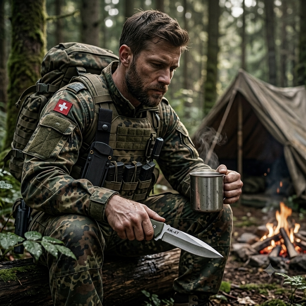 Soldat im Wald beim Camping mit Militär Gürtelmesser – Army Dropz Armee Shop Schweiz