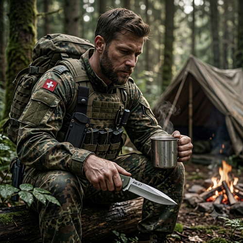 Soldat im Wald beim Camping mit Militär Gürtelmesser – Army Dropz Armee Shop Schweiz