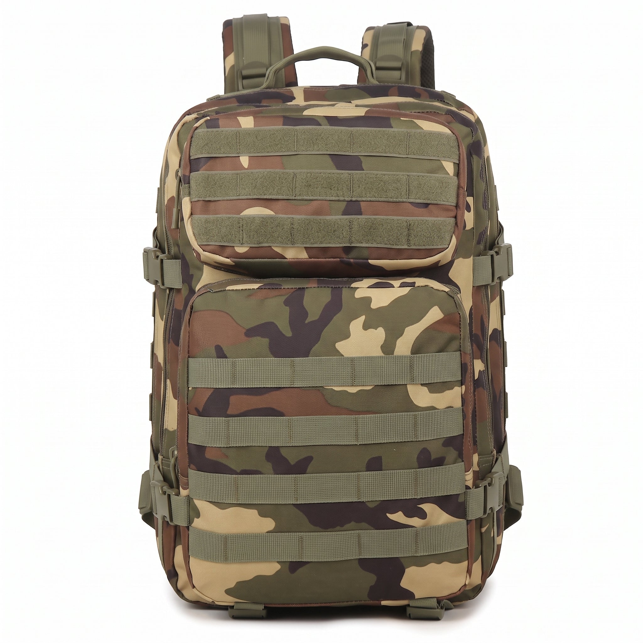 Frontansicht des 50L Armee Rucksacks mit Tarnmuster und Fächern vom Army Shop Schweiz
