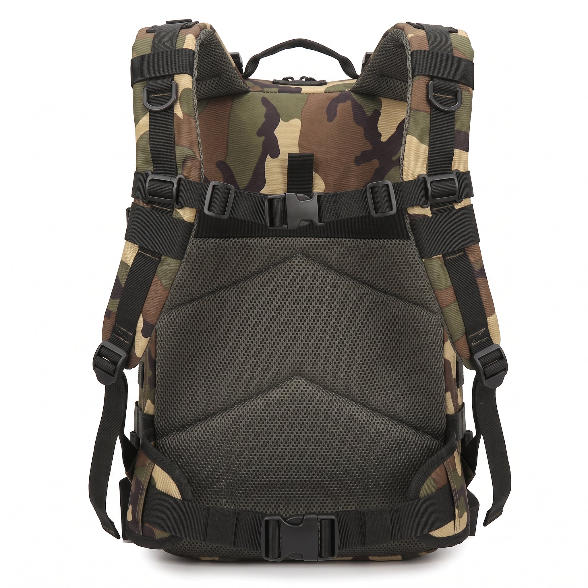 Atmungsaktive Rückenpolsterung und Tragesystem des 50L Armee Rucksacks mit Tarnmuster vom Army Shop Schweiz