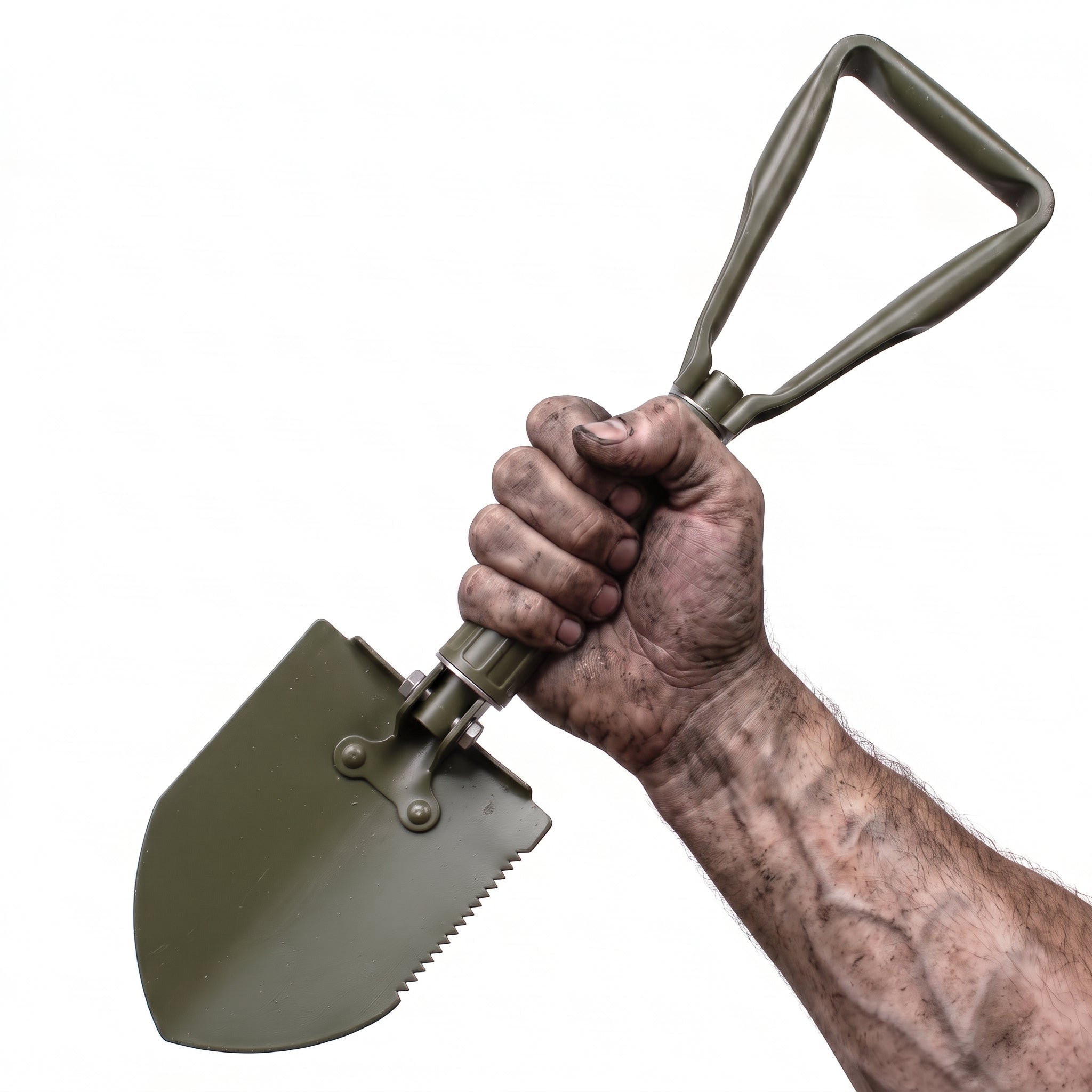 Klappspaten Tactical Army mit Dreiecksgriff und Sägezahnung in der Hand im Army Shop Schweiz bei ArmyDropz