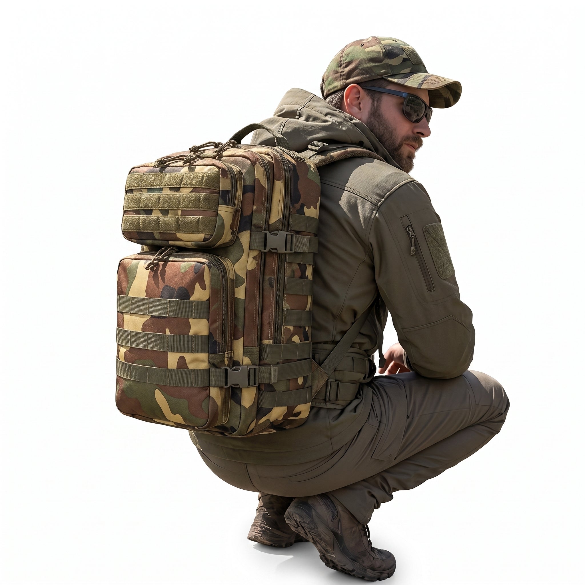 Mann kniend in Outdoor-Bekleidung mit dem 50L Armee & Militär Rucksack mit Tarnmuster im Army Shop Schweiz