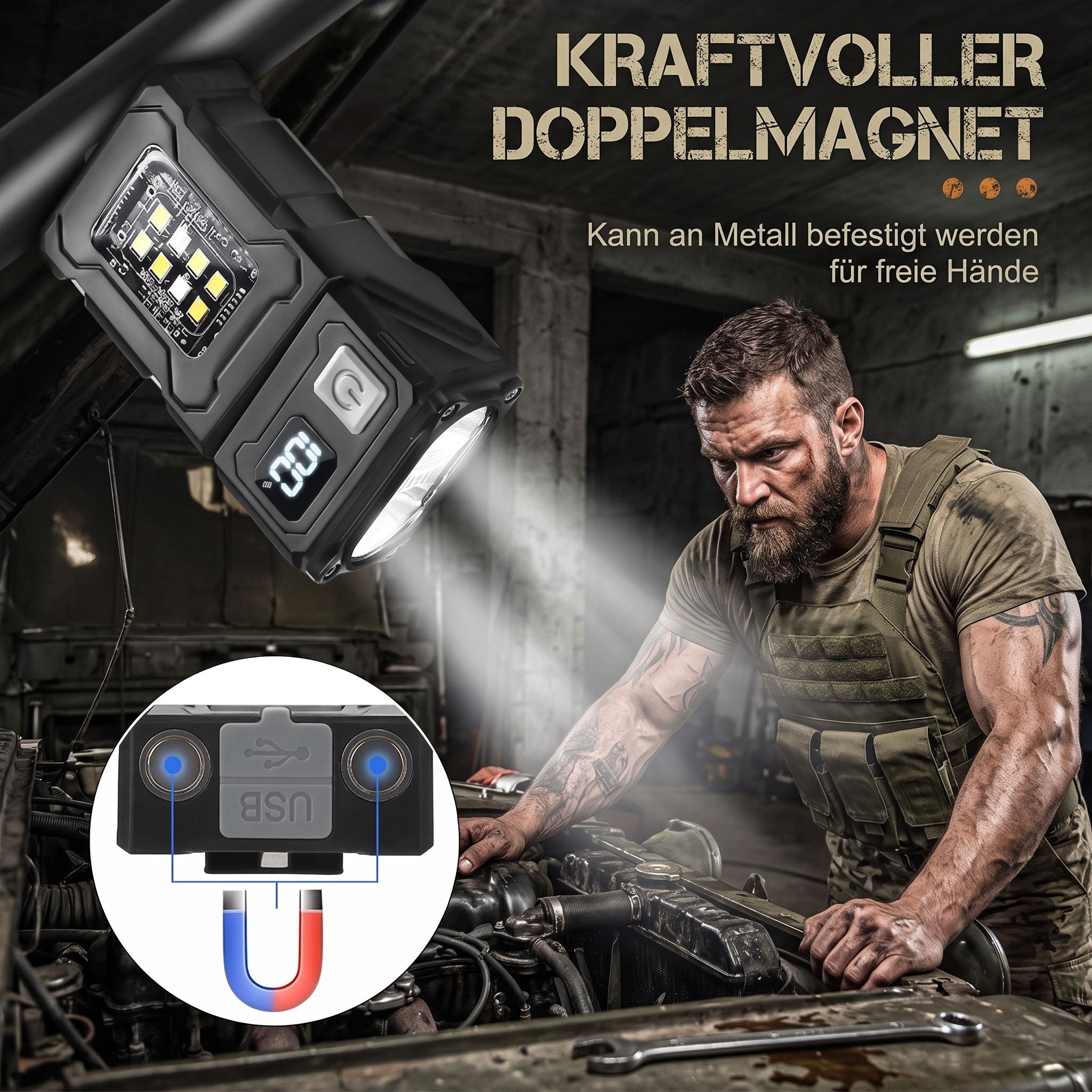 Camping LED Multifunktionslampe Tactical Army mit Type-C Ladeanschluss und Powerbank Funktion