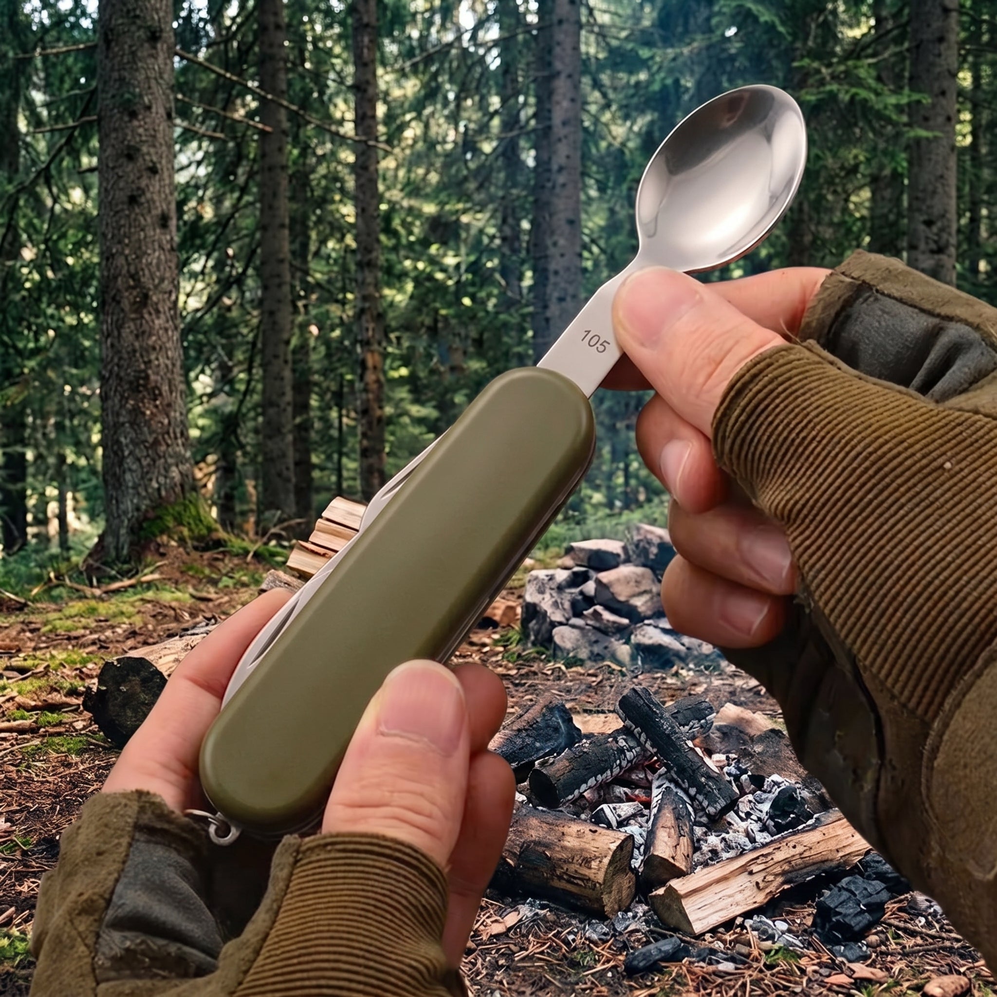 Campingbesteck faltbar Edelstahl: Löffel wird am Lagerfeuer vom Griff gelöst – Outdoor Besteck von ArmyDropz Army Shop Schweiz