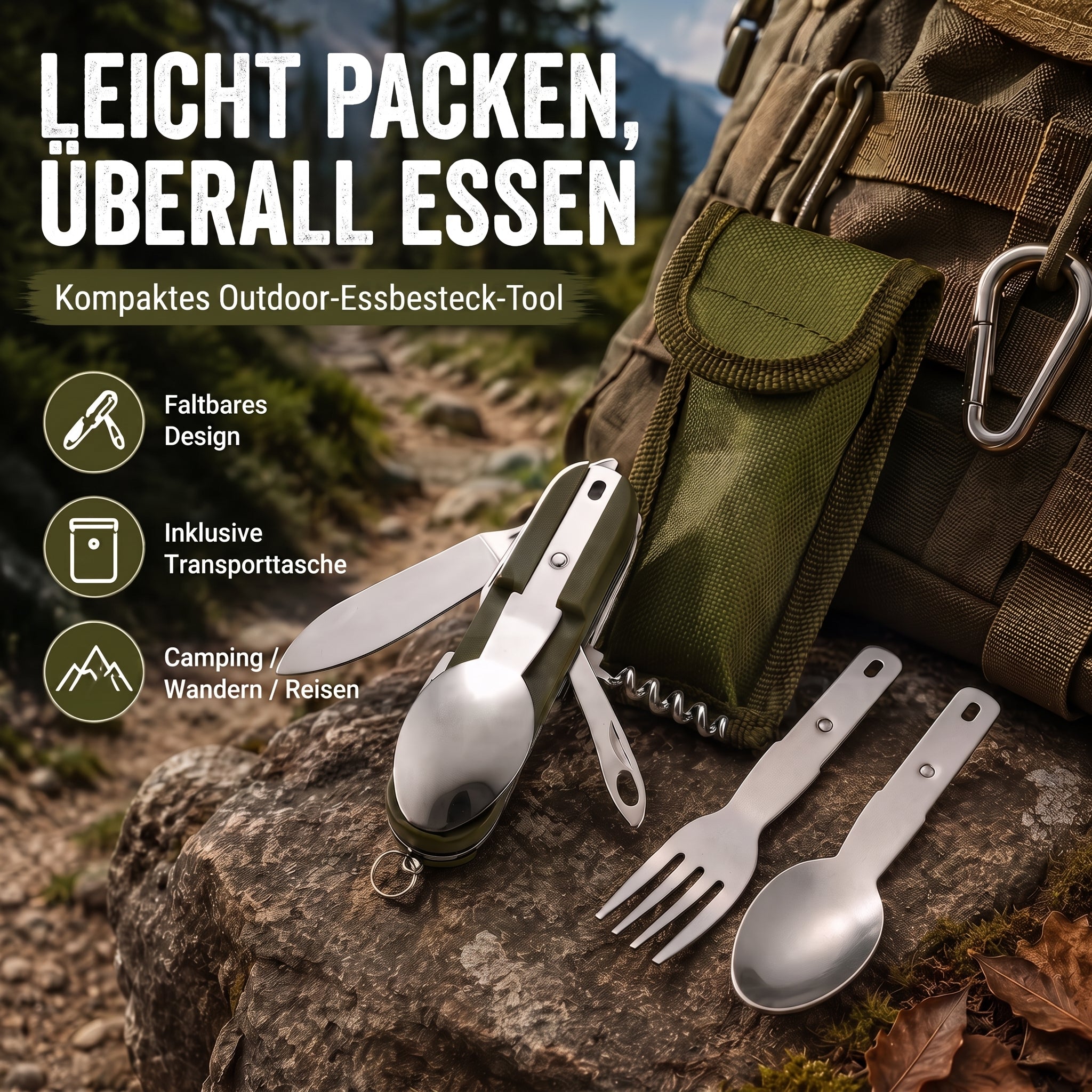 7-in-1 Campingbesteck klappbar aus Edelstahl mit grüner Gürteltasche, Multifunktions-Outdoor-Besteck-Tool vor Rucksack im Wald.