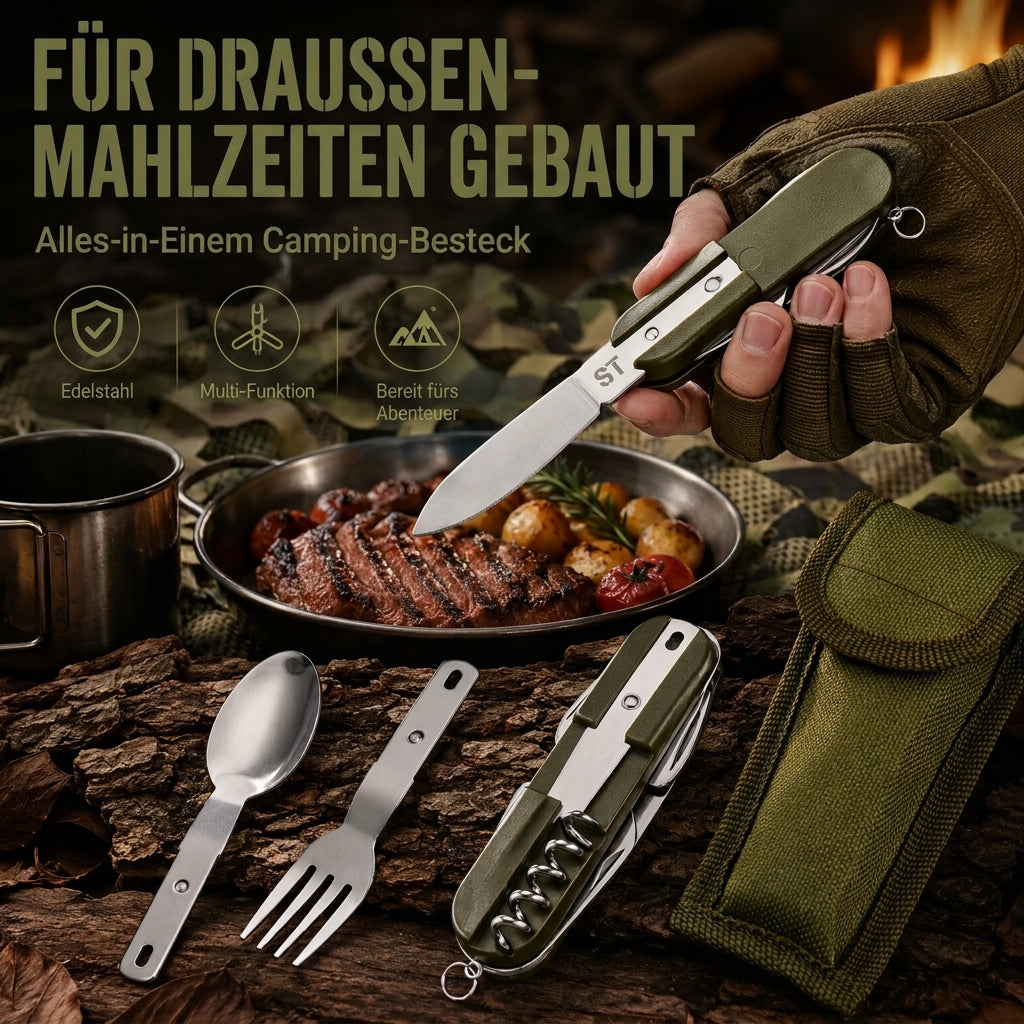 Campingbesteck klappbar aus Edelstahl in der Hand beim Schneiden von Fleisch – Löffel, Gabel, Messer und Gürteltasche vor Pfanne am Lagerfeuer