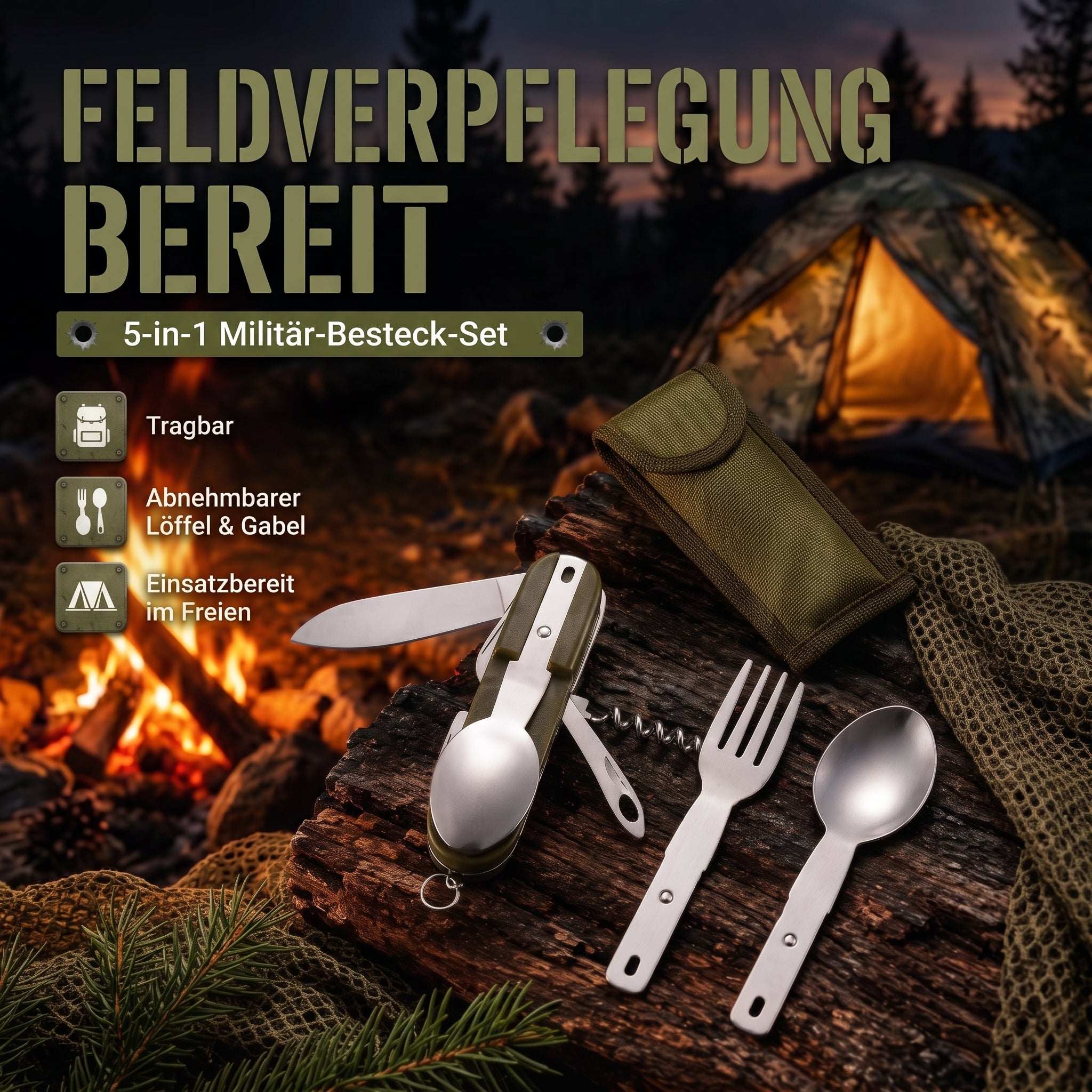 Campingbesteck klappbar aus Edelstahl mit Gürteltasche am Lagerfeuer – Messer, Gabel und Löffel vor Zelt im Wald