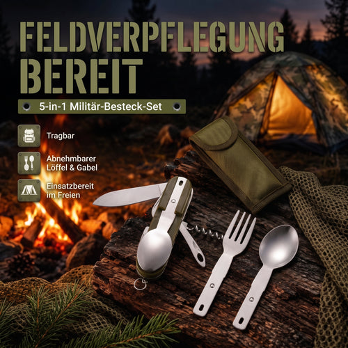 Campingbesteck klappbar aus Edelstahl mit Gürteltasche am Lagerfeuer – Messer, Gabel und Löffel vor Zelt im Wald