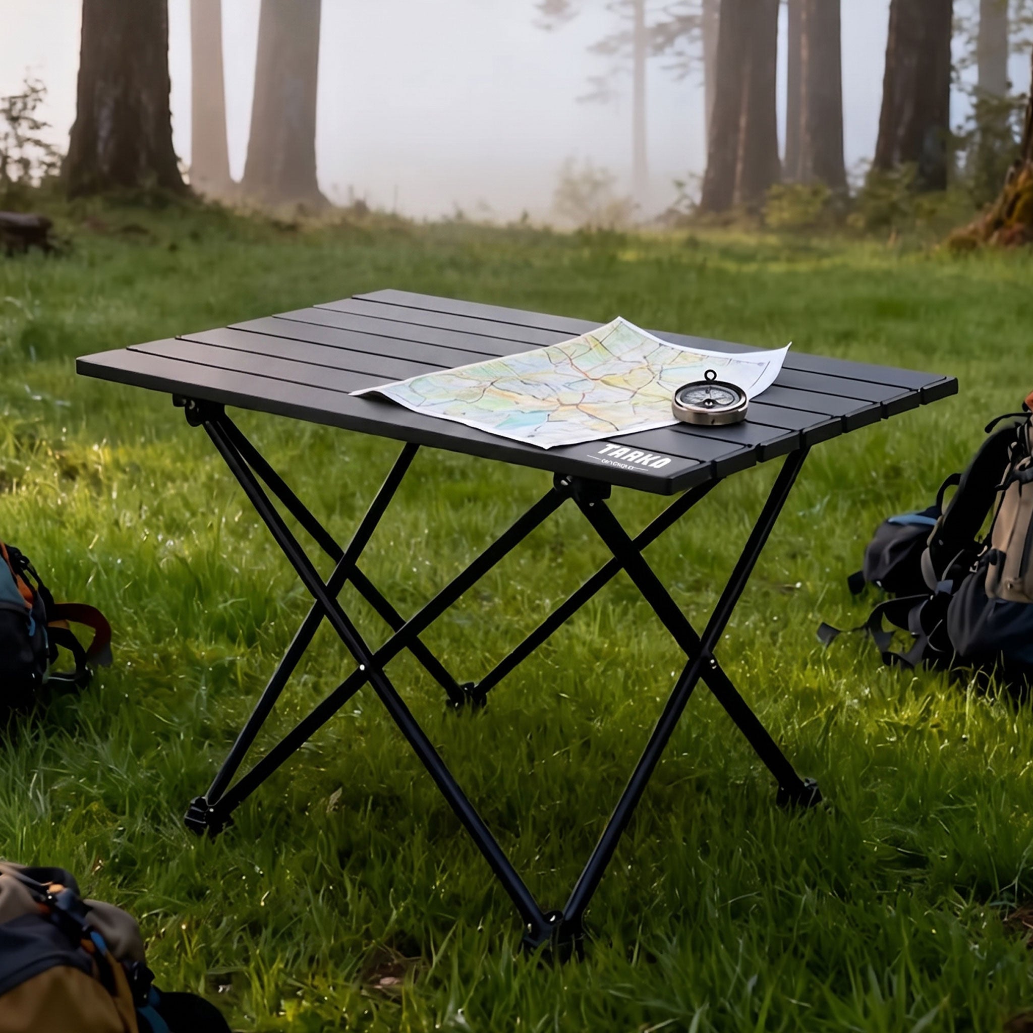 Faltbarer Camping-Tisch TARKA im Wald beim Camping – Army Dropz Armee Shop Schweiz