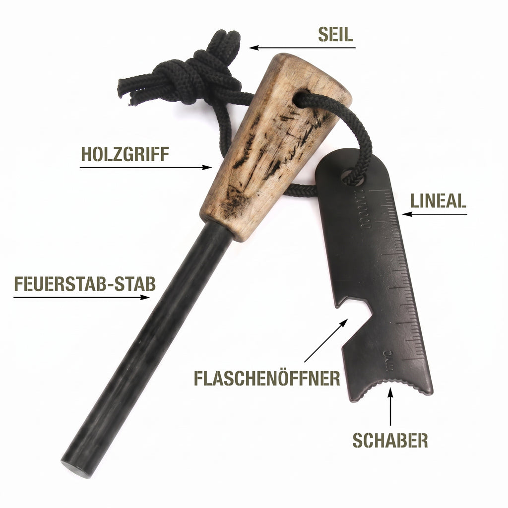 Infografik zum Feuerstahl mit Details zu Holzgriff, Zündstab, Seil und Schaber für Outdoor & Survival