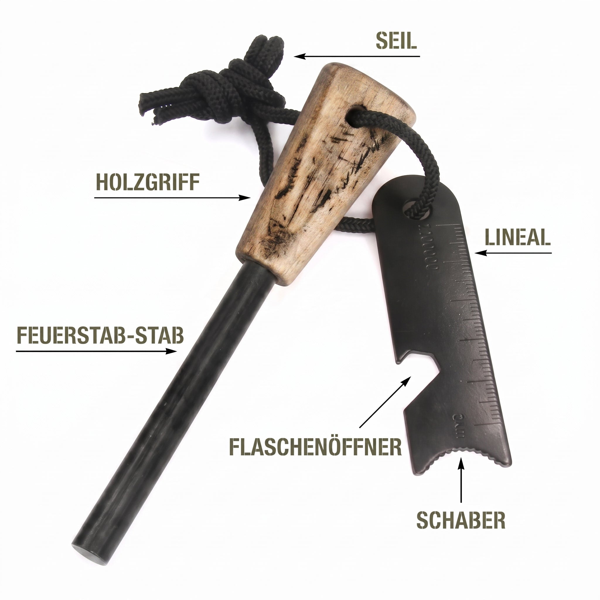 Infografik zum Feuerstahl mit Details zu Holzgriff, Zündstab, Seil und Schaber für Outdoor & Survival