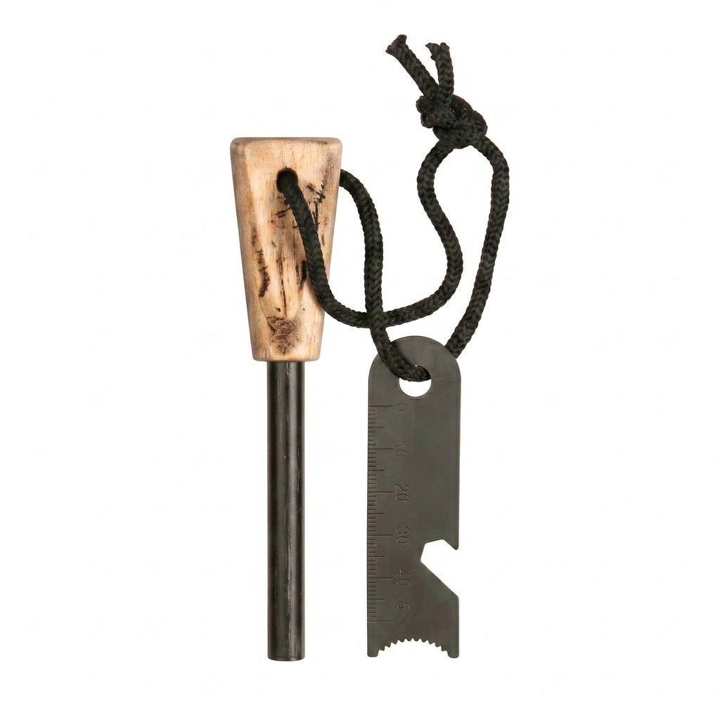 Feuerstahl mit Holzgriff, schwarzer Kordel und metallenem Schaber für Outdoor und Survival