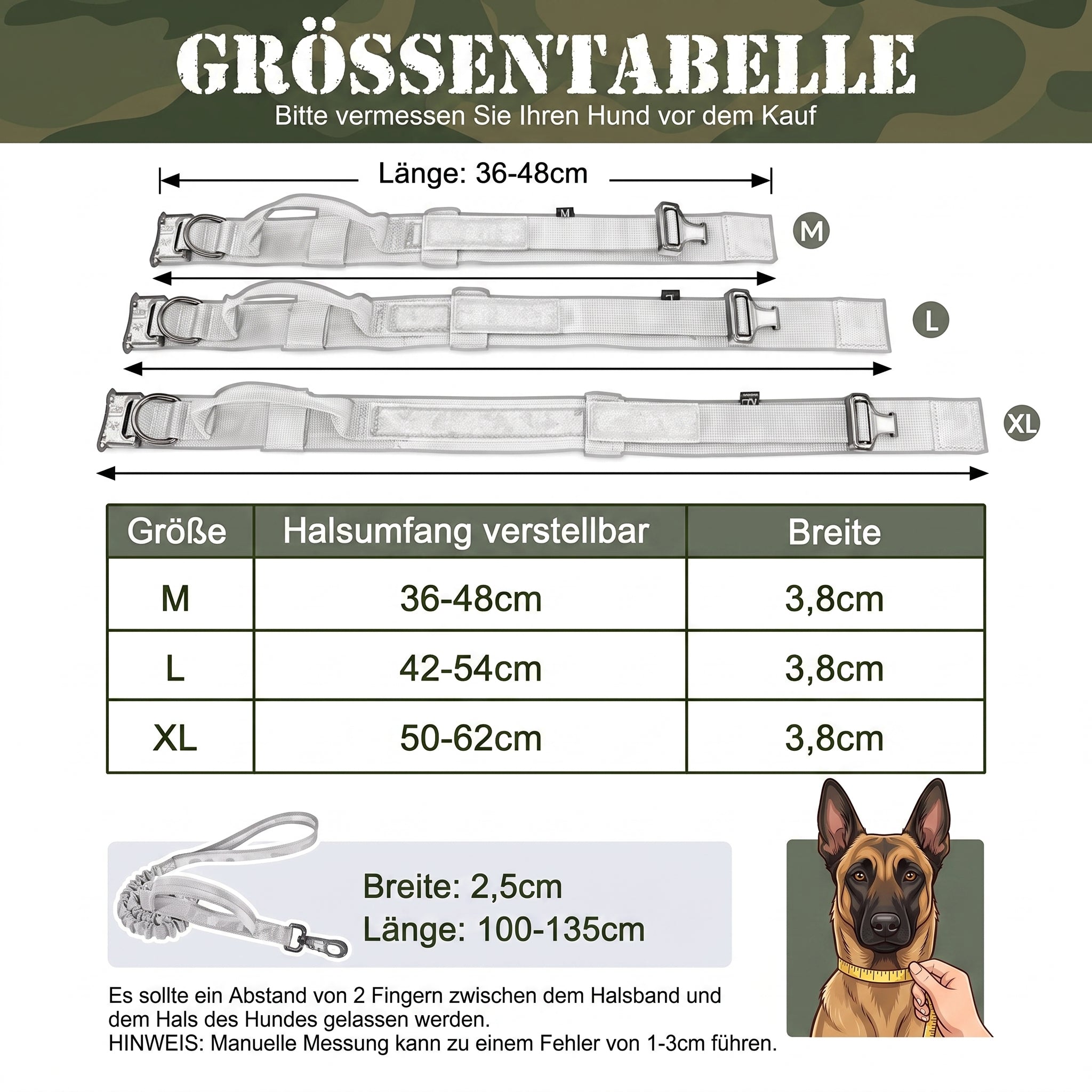 Grössentabelle für breites K9 Hundehalsband und Leine Masse Halsumfang M bis XL Army Shop Schweiz