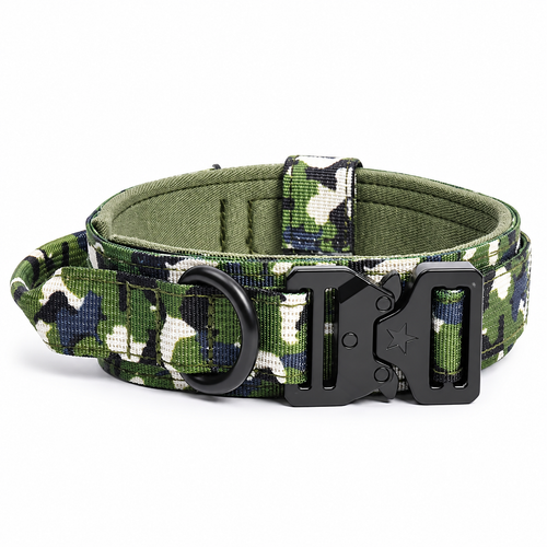 Gepolstertes Hundehalsband im grünen Camouflage-Muster mit stabilem Haltegriff – ArmyDropz Schweiz