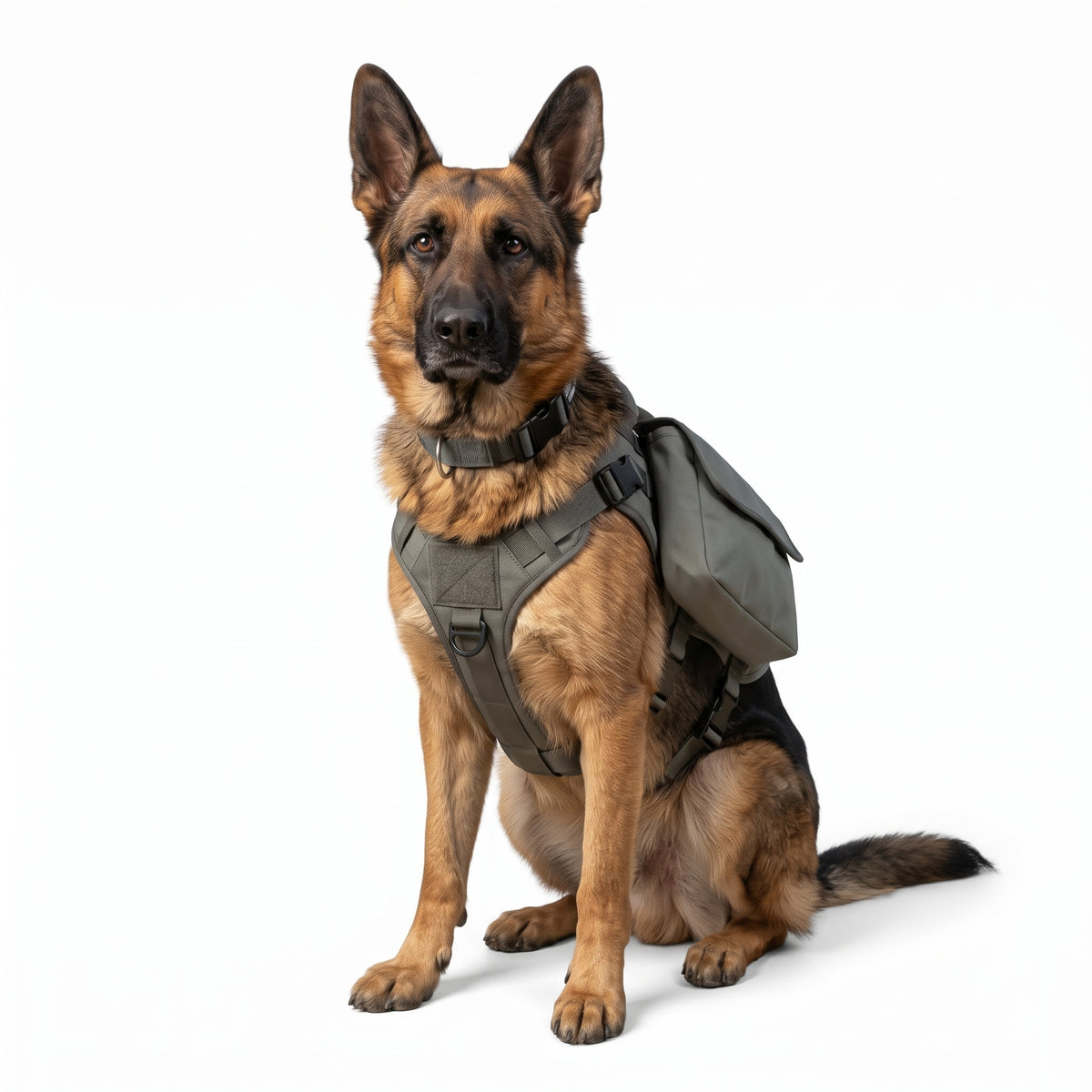 Hunderucksack zum Wandern mit abnehmbaren Taschen in Grau an sitzendem Schäferhund im Army Shop Schweiz von ArmyDropz