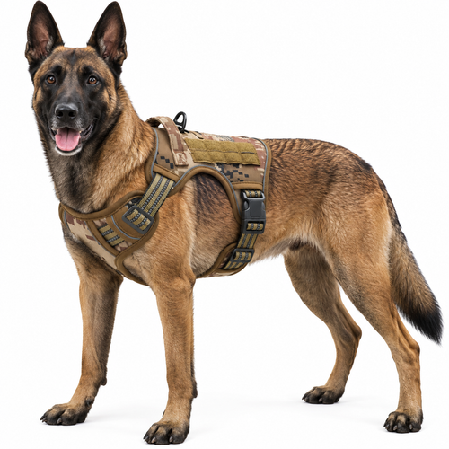 Hundegeschirr Anti-Zug Schweiz: Malinois trägt taktisches Geschirr in Coyote Pixel Braun mit Führgriff und Klettfläche im Army Shop Schweiz – ArmyDropz