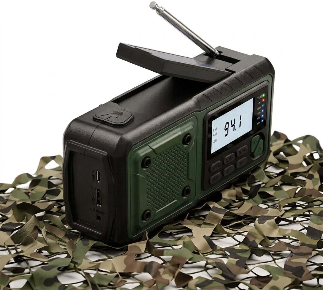 Notfall-Kurbelradio Solar & Powerbank Display Nahaufnahme – Army Dropz Armee Shop Schweiz