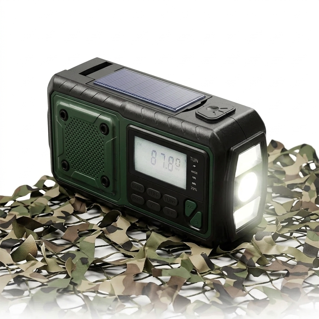 Notfall-Kurbelradio Solar & Powerbank Frontalansicht mit Taschenlampe – Army Dropz Armee Shop Schweiz