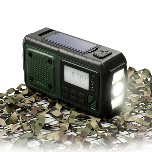 Notfall-Kurbelradio Solar & Powerbank Frontalansicht mit Taschenlampe – Army Dropz Armee Shop Schweiz
