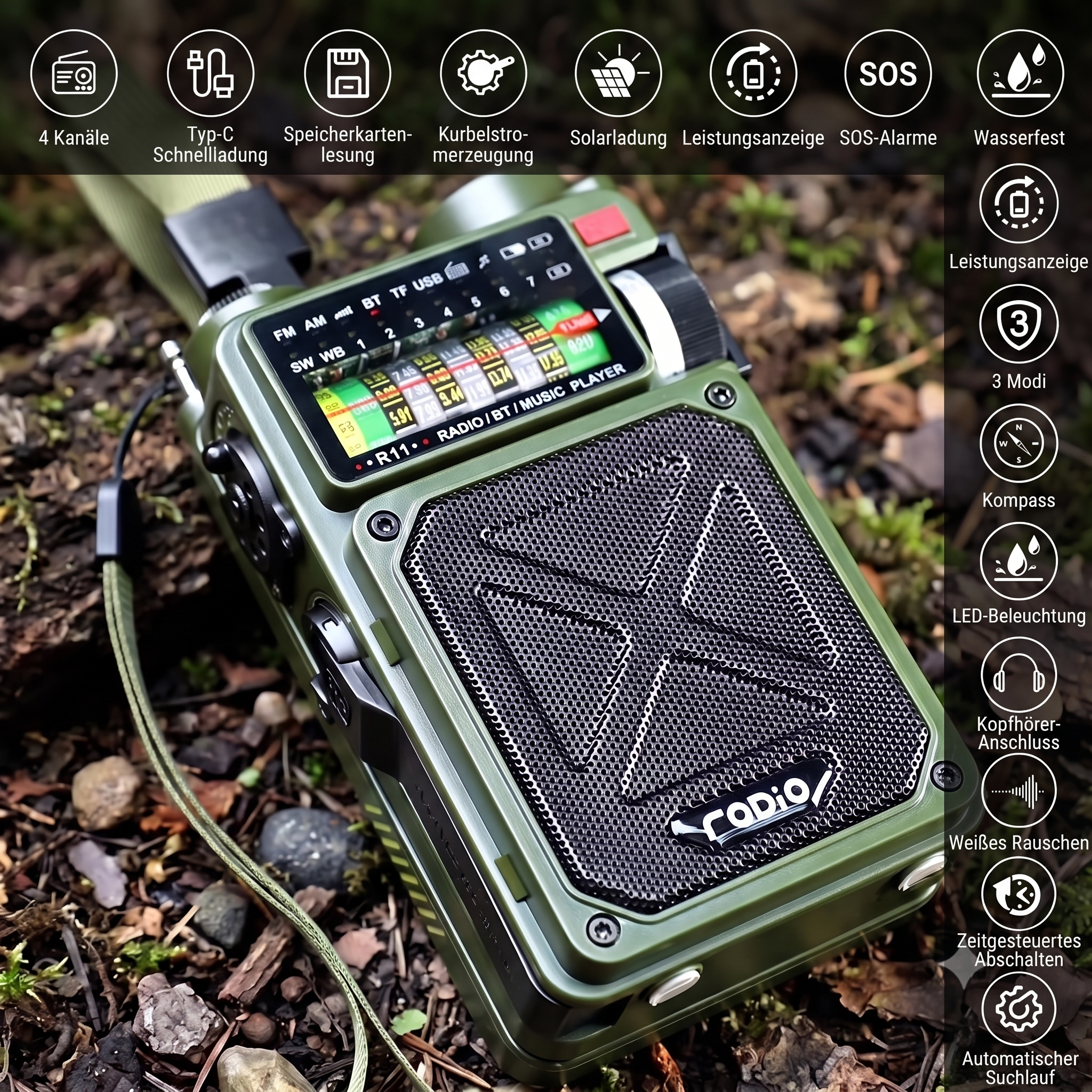 Notfallradio Kurbel & Solar im Outdoor-Einsatz auf Laub – ArmyDropz