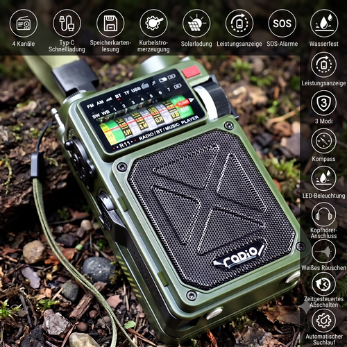 Notfallradio Kurbel & Solar im Outdoor-Einsatz auf Laub – ArmyDropz
