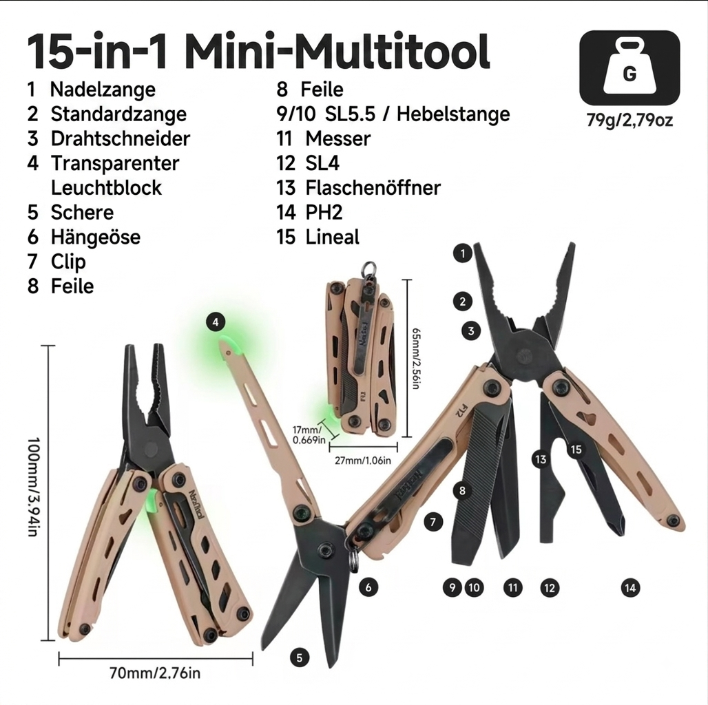 Multitool mit Zange | Tactical Outdoor | 15-in-1 Taschenwerkzeug